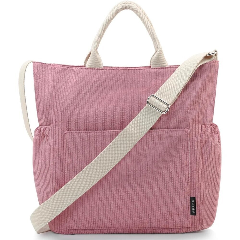 Prite Women Pink Corduroy Large Hobo Shoulder Crossbody Tote Bag With Pockets